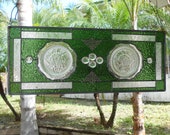 Depression Glass Stained Glass Panel, 1930s Iris and Herringbone Plates, Stained Glass Transom Window w Vintage Plates, Antique Window Art
