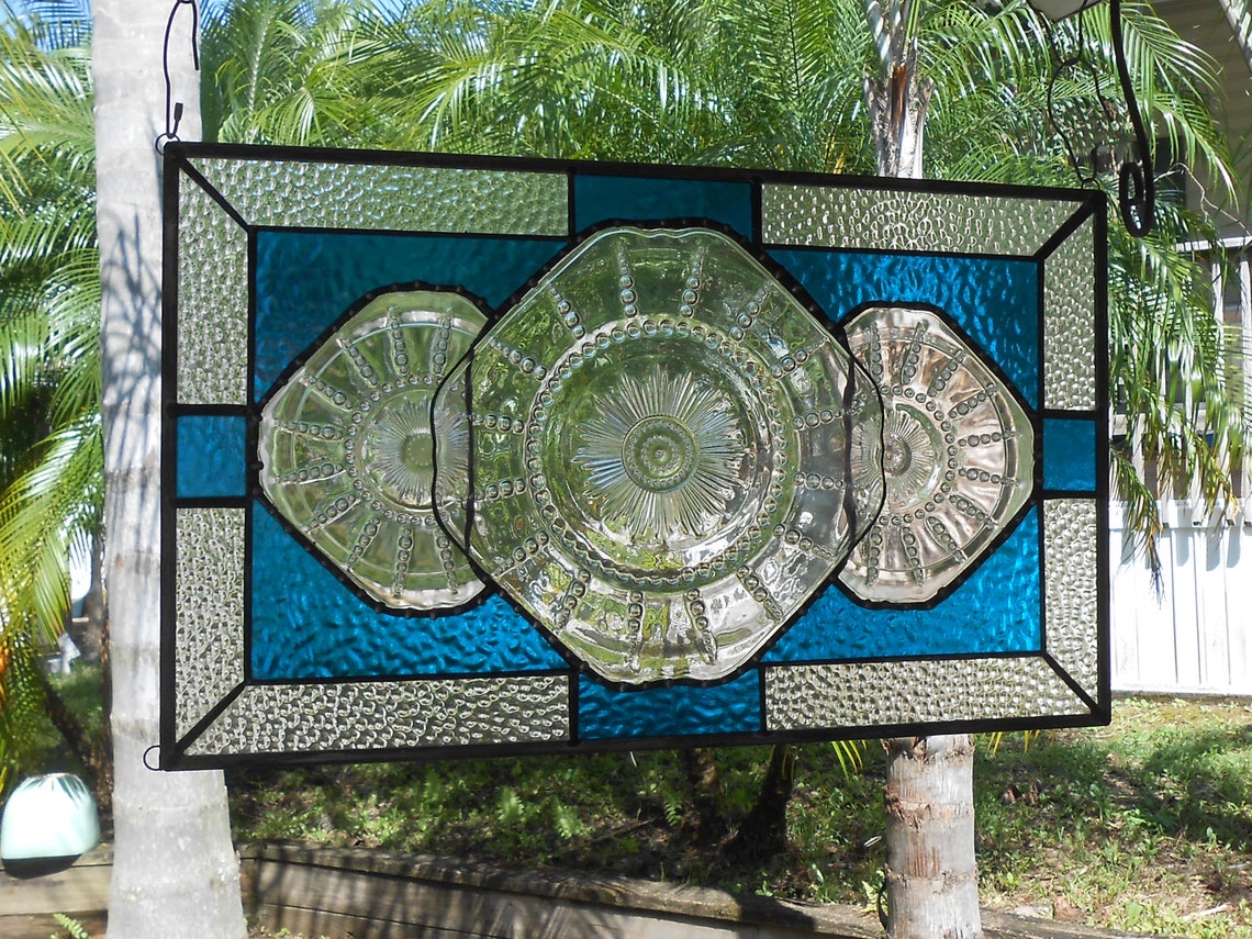 Stained Glass Window Panel Antique Depression Glass Vintage Etsy