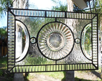 Vintage Heisey Depression Glass Stained Glass Panel, Narrow Flute Plate Stained Glass Transom Window, Antique Stained Glass Window Valance