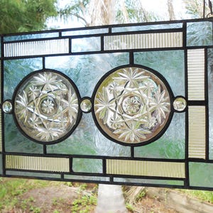 Antique EAPG Oatmeal Coaster, Vintage Stained Glass Transom Window, Depression Glass Recycled Glass Window Valance, Stained Glass Window image 5
