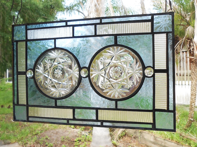 Antique EAPG Oatmeal Coaster, Vintage Stained Glass Transom Window, Depression Glass Recycled Glass Window Valance, Stained Glass Window image 5