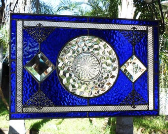 Stained Glass Panel, Antique Window Treatment, Depression Glass w/ Jeannette Cube Plates, Vintage Glass Transom Window, Garden Suncatcher
