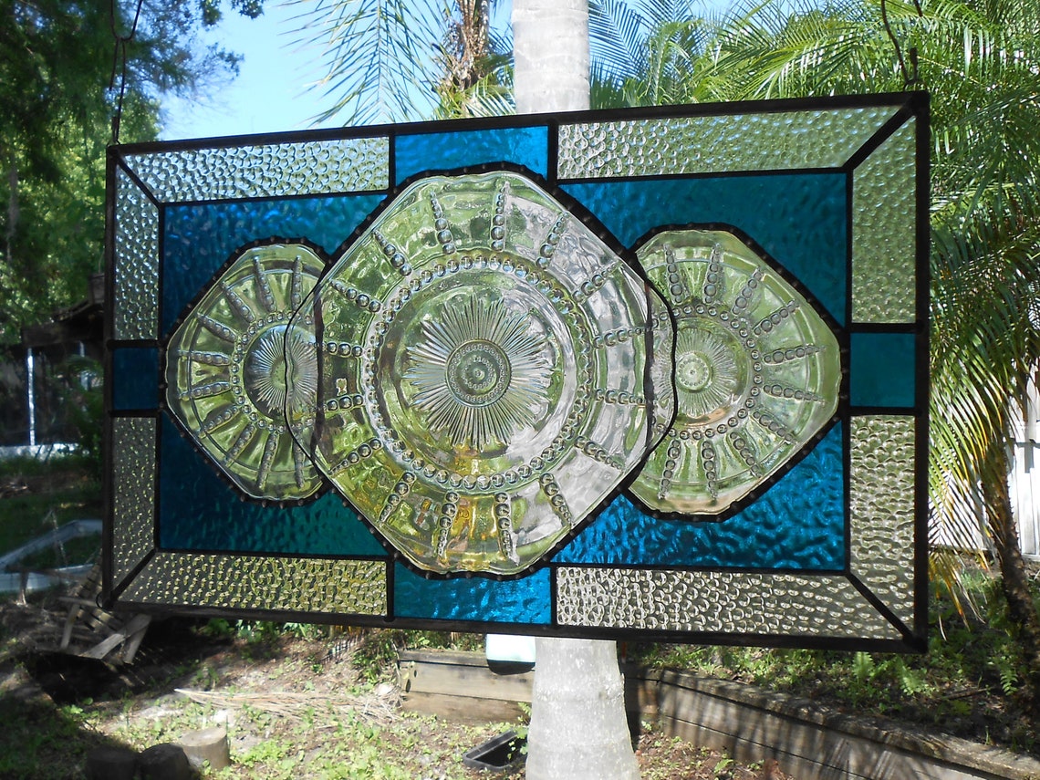 Stained Glass Window Panel Antique Depression Glass Vintage Etsy