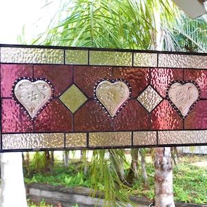 Victorian Look Stained Glass Window Transom w/ Vintage Sandwich Glass Tiara Hearts, Antique Stained Glass Panel, Traditional Window Valance