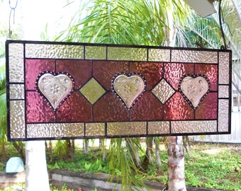Victorian Look Stained Glass Window Transom w/ Vintage Sandwich Glass Tiara Hearts, Antique Stained Glass Panel, Traditional Window Valance