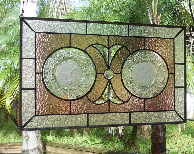 Stained Glass Window Panel Antique Depression Glass Vintage Etsy