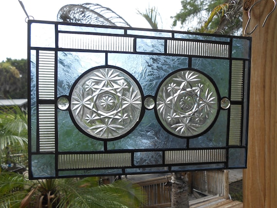 Antique EAPG Oatmeal Coaster, Vintage Stained Glass Transom Window, Depression Glass Recycled Glass Window Valance, Stained Glass Window
