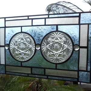 Antique EAPG Oatmeal Coaster, Vintage Stained Glass Transom Window, Depression Glass Recycled Glass Window Valance, Stained Glass Window image 2