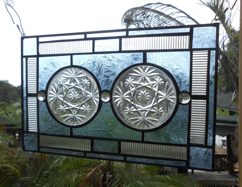 Antique EAPG Oatmeal Coaster, Vintage Stained Glass Transom Window, Depression Glass Recycled Glass Window Valance, Stained Glass Window image 2