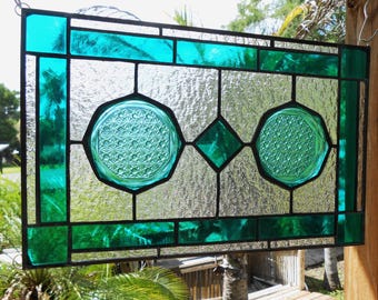 Stained Glass Suncatcher Panel, Depression Glass Window Hanging, Daisy & Button EAPG coasters, Vintage Window Treatment, Glass Window Panel