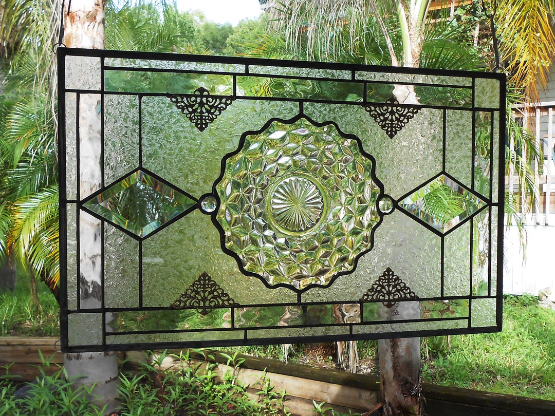 Vintage Stained Glass Plate Panel, Depression Glass Fostoria American