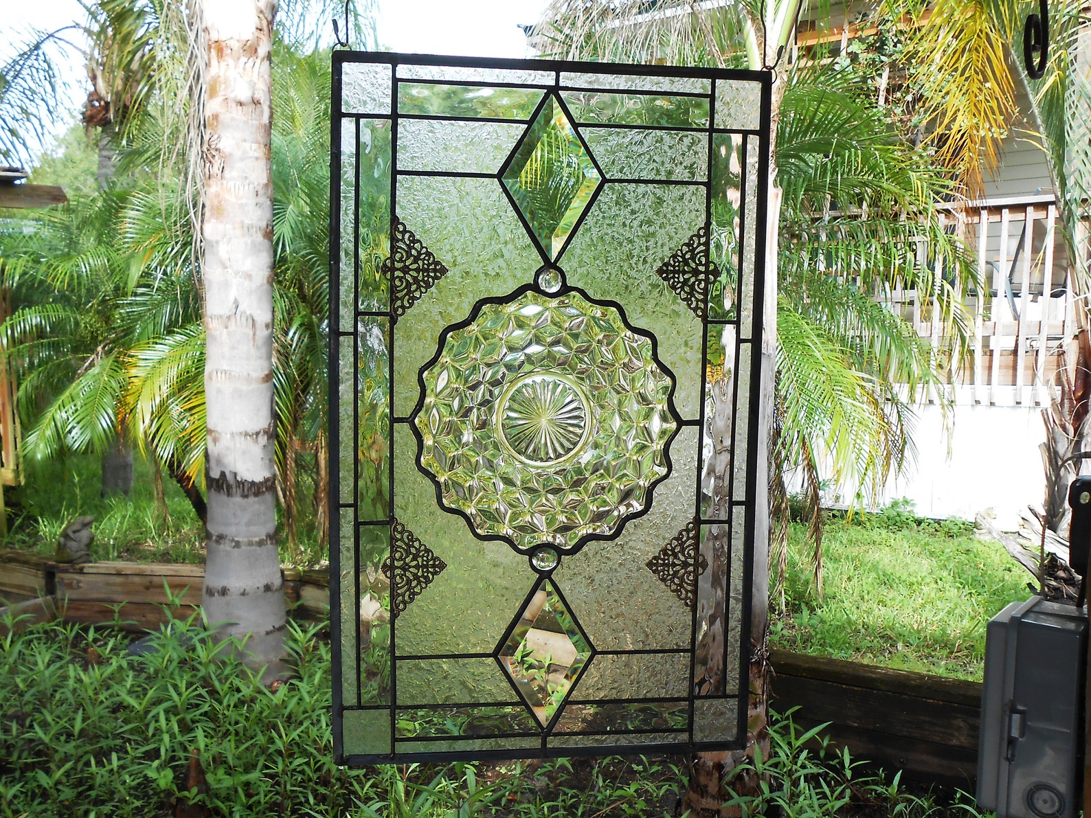 Vintage Stained Glass Plate Panel, Depression Glass Fostoria American