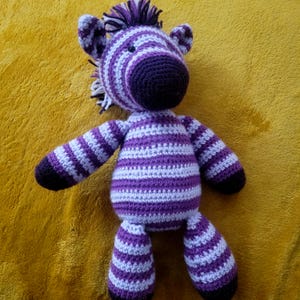 Vintage Handmade Crochet Zebra Plush Toy, Purple Striped Amigurumi Animal, Soft Stuffed Safari Toy, Unique Kids Gift, Nursery Decor Plush