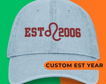 LEO Custom Embroidered Denim Cap | Personalized EST Year Zodiac Embroidery Gift | Unisex Adjustable Size Vintage Hat