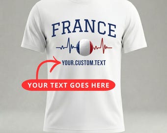 Personalized France Football T-Shirt, Custom Text France Soccer Tee, Heartbeat Flag Ball, French Family Gift