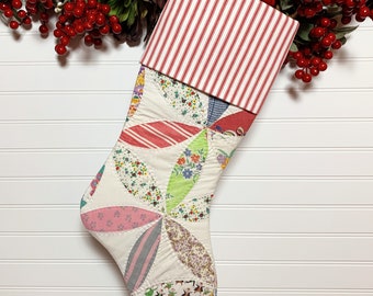 Joseph's Coat Design Vintage Quilt Christmas Stocking | Red and White Ticking Cuff | Traditional, Farmhouse, Country, Rustic Holiday Décor