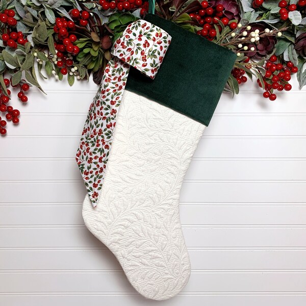 Green Velveteen & Creamy White Matelassé Christmas Stocking | Red Berries Bow