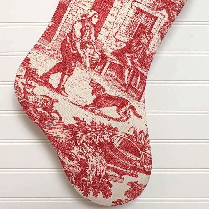 Red Toile Christmas Stocking with Antique French Handwoven Linen Cuff image 4