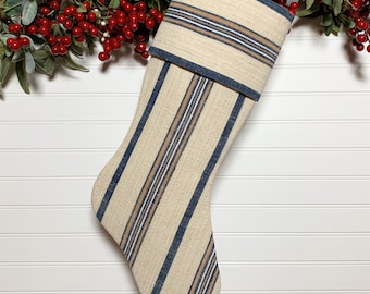 French Grain Sack Christmas Stocking | Handwoven Blue, Tan, White Stripes on Natural Background | Antique Grainsack Fabric