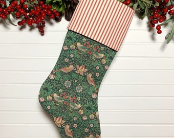 Green Strawberry Thief Christmas Stocking with Red Ticking Cuff | 19th Century William Morris Design | Nature & Garden Inspired Holidays
