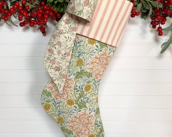 William Morris Design Bow Christmas Stocking | Pink, Teal & Sage Floral with Pink Ticking Cuff |  19th Century Nature Inspired Fabric