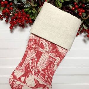 Red Toile Christmas Stocking with Antique French Handwoven Linen Cuff image 3