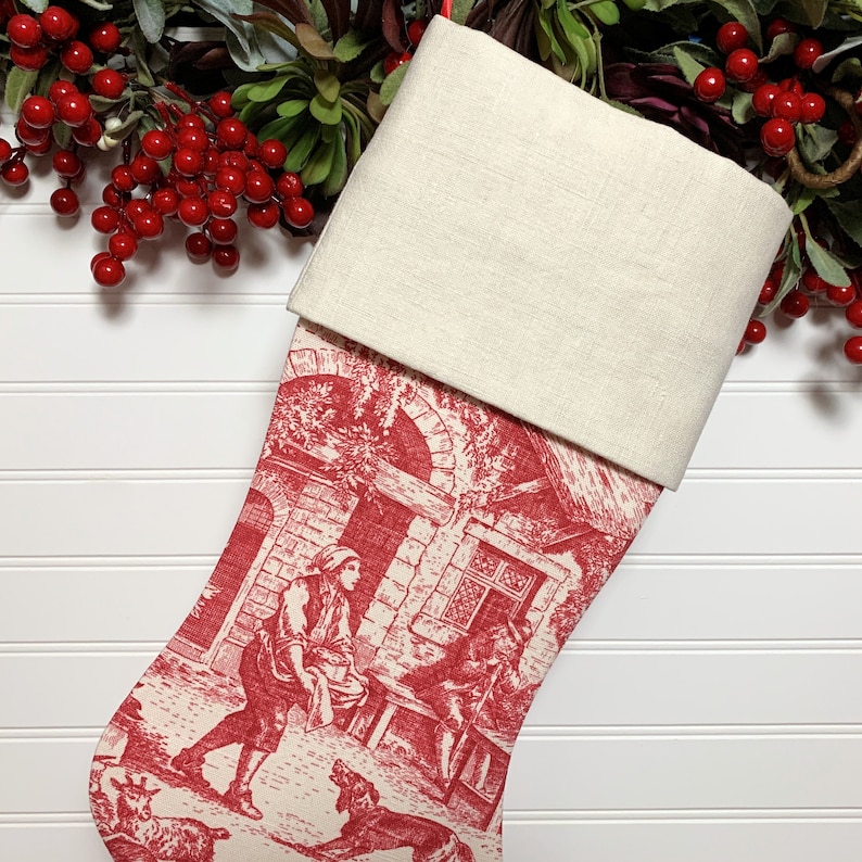 Red Toile Christmas Stocking with Antique French Handwoven Linen Cuff image 3