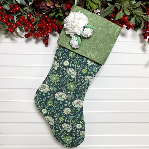 Blue Floral William Morris Christmas Stocking | Vintage Damask Cuff with Ribbon Flowers Accent | Garden Themed Holidays | Art Nouveau Style