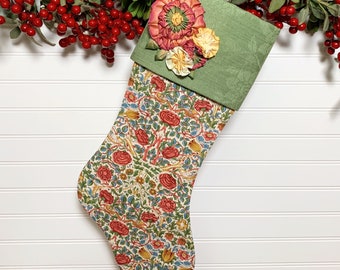 Sweet Pink Roses William Morris Fabric Christmas Stocking | Millinery Flowers on Damask Cuff |  19th Century Garden Inspired Design