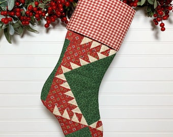 Feathered Star Antique Quilt Christmas Stocking | 1800s Red and Green Calico | Antique Homespun Check Cuff