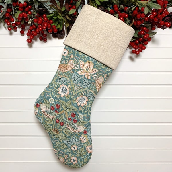 Aqua Strawberry Thief Christmas Stocking | Antique French Grainsack Linen Cuff | 19th Century William Morris Design | Timeless Style