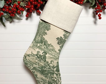 Green Toile Christmas Stocking with Antique French Handwoven Linen Cuff | Delightful Country Scenes