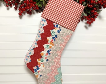 Festive Vintage Quilt Holiday Stocking with Antique Fabrics and Red Check Homespun Cuff