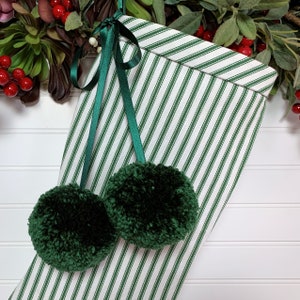 Green Ticking Christmas Stocking with Fluffy Pom Poms Cozy Flannel Lining Farmhouse, Rustic, Cottage, Country Holidays image 3