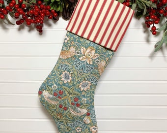 Aqua Strawberry Thief Christmas Stocking with Red Ticking Cuff | 19th Century William Morris Design | Nature Inspired Holiday Décor