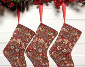 Red Strawberry Thief Miniature Design in a Set of 3 Mini Stockings for Ornaments, Small Gifts, Gift Cardholders, and Tree Decorations