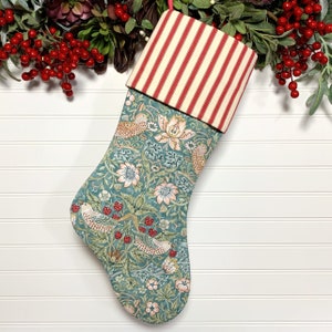 Aqua Strawberry Thief Christmas Stocking with Red Ticking Cuff | 19th Century William Morris Design | Nature Inspired Holiday Décor