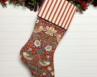 Red Strawberry Thief Christmas Stocking with Ticking Cuff | 19th Century William Morris Design | Garden Theme Holiday Décor