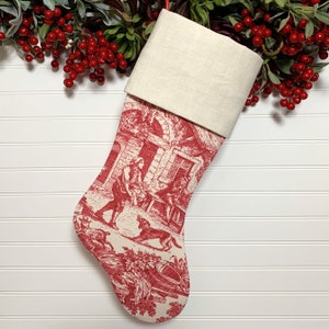 Red Toile Christmas Stocking with Antique French Handwoven Linen Cuff image 1