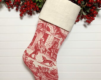 Red Toile Christmas Stocking with Antique French Handwoven Linen Cuff