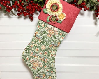 Little Birds William Morris Fabric Christmas Stocking | Millinery Flowers on Vintage Damask Cuff |  19th Century Garden Inspired Design