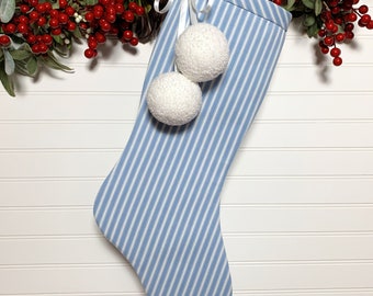 Sky Blue Ticking Christmas Stocking with Snowball Pom Poms | Cottagecore, Farmhouse, Rustic, Cottage, Country Holidays