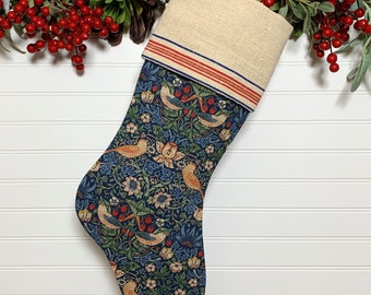 Dark Blue Strawberry Thief Stocking with Antique French Grain Sack Cuff | 19th Century William Morris Design | Nature Inspired Holiday Décor