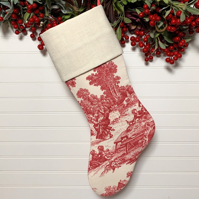 Red Toile Christmas Stocking with Antique French Handwoven Linen Cuff image 2