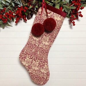 Cranberry Red Brer Rabbit Toile Christmas Stocking with Pom Poms | 19th Century Design by William Morris | Nature Theme Holiday Décor