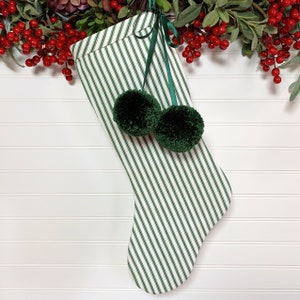 Green Ticking Christmas Stocking with Fluffy Pom Poms Cozy Flannel Lining Farmhouse, Rustic, Cottage, Country Holidays image 2