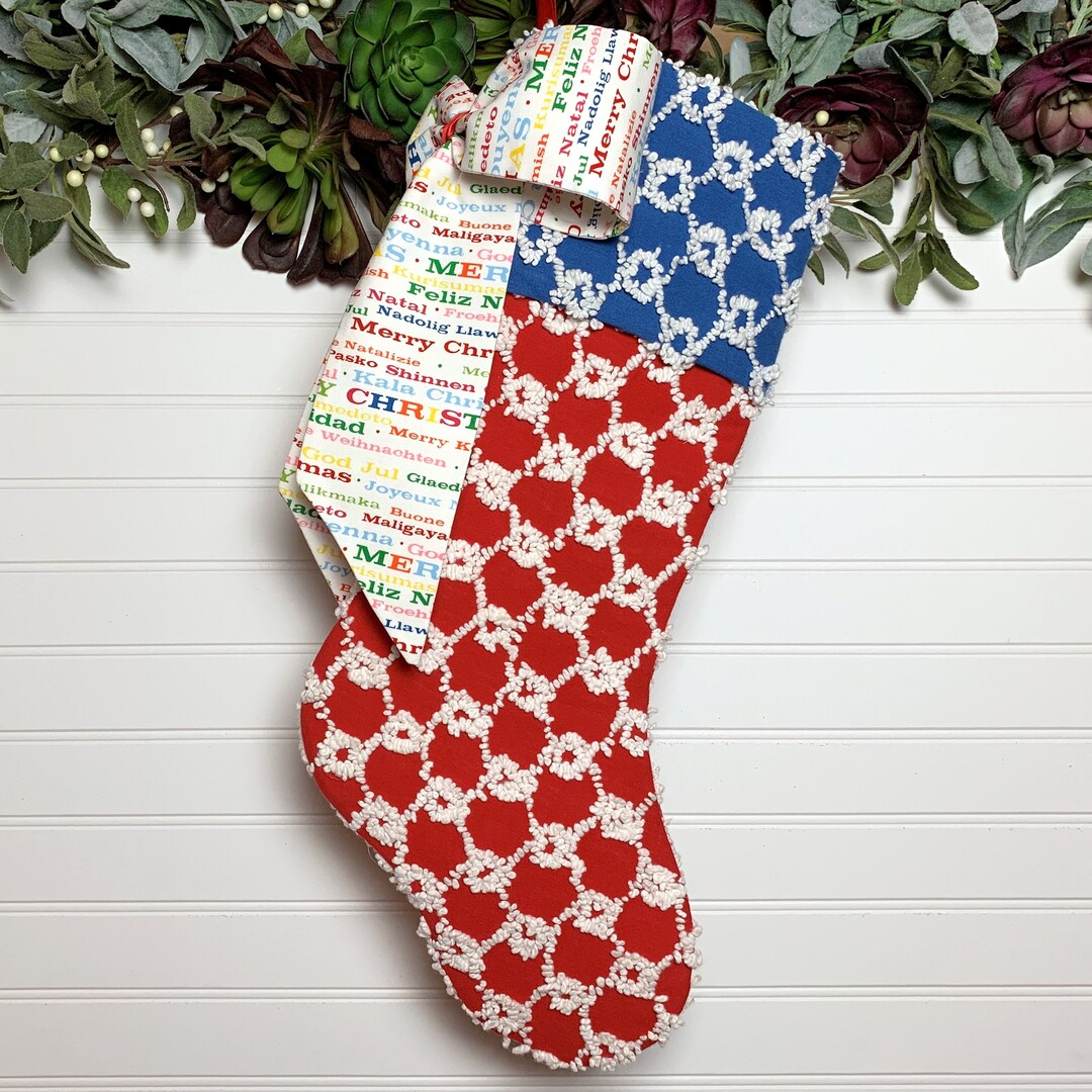 Vintage Chenille Holiday Stocking Merry Christmas in Many Etsy