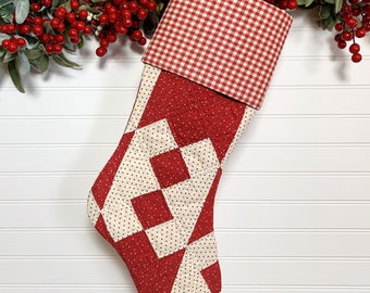 Ruby Red and Cream Jacob's Ladder Antique Quilt Christmas Stocking with Antique Homespun Cuff