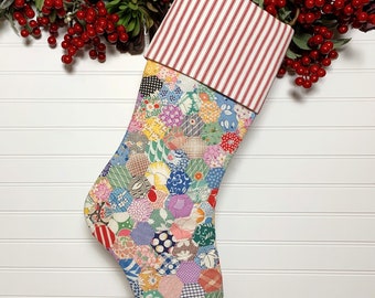 Honeycomb Patchwork Vintage Quilt Christmas Stocking | Red Ticking Stripe Cuff