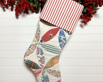 Joseph's Coat Design Vintage Quilt Christmas Stocking | Red and White Ticking Cuff | Farmhouse, Country, Rustic Holiday Décor